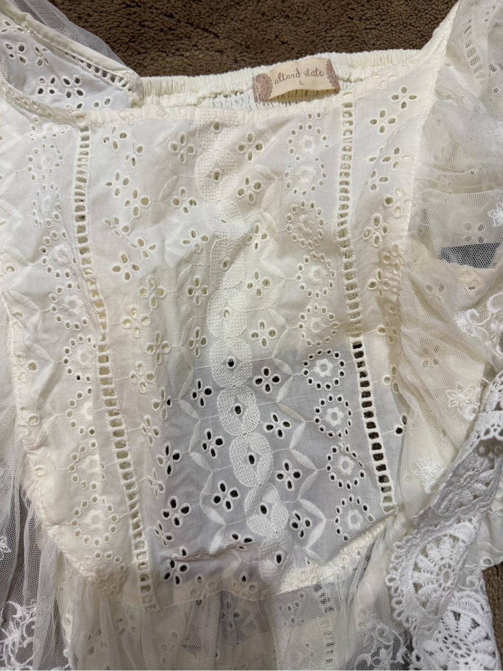 Altar'd State Cream Eyelet Lace Peasant Blouse with Tassels - Picture 3 of 4